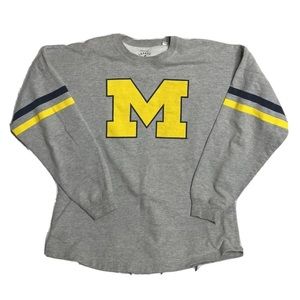 League Gray Long Sleeve Shirt with Yellow M Block and Navy Stripes